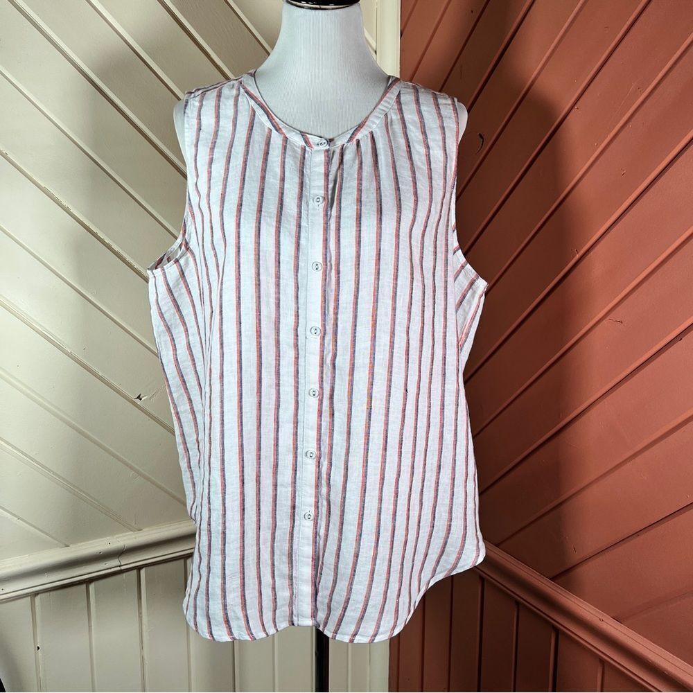 SIGRID OLSEN | Women’s Striped Sleeveless Linen Button Up Blouse - XL